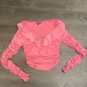 Dolls Kill Pink Long Sleeve Ruched Tie Front Blouse